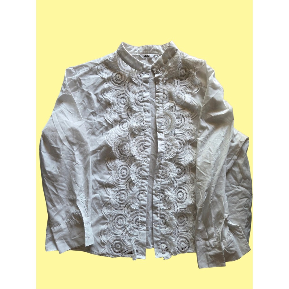 Dalin White Crochet Lace Panel Mandarin Collar Button Down Blouse Large Womens